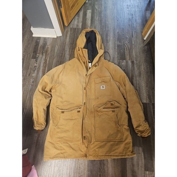 VTG Carhartt Men's Hooded ChoreJacket3XL Brown Canvas Quilt Lined Arctic